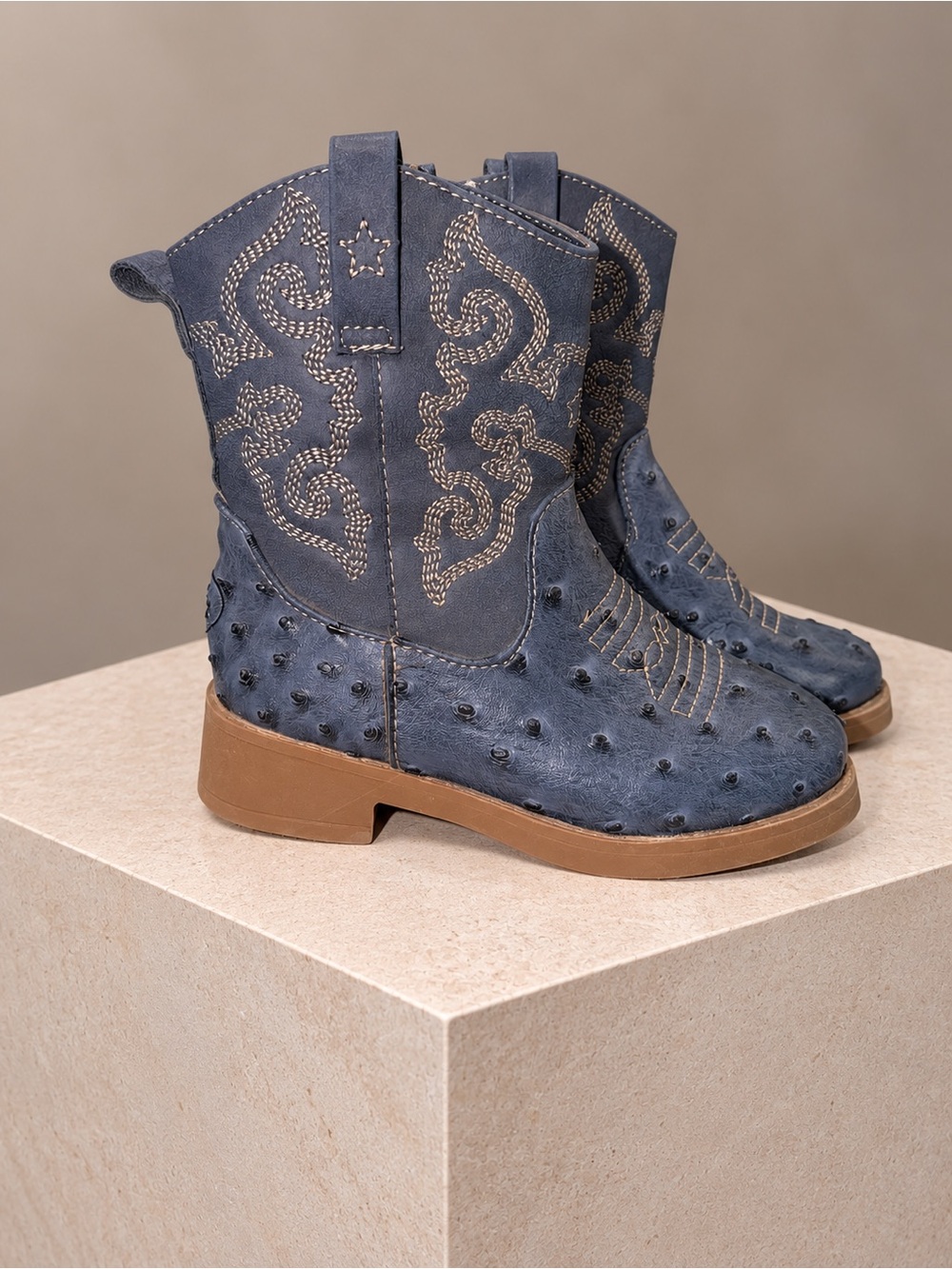 Blue Western Cowboy Boots – Embroidered Ostrich-Print Ankle Boots